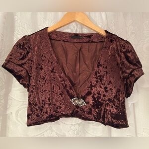 Chocolate Brown Crushed Velvet Cropped Bolero Shrug Rhinestone Clasp Size L